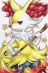  bad_pixiv_id braixen closed_mouth colored_pencil_(medium) cowboy_shot gen_7_pokemon holding_stick looking_at_viewer marker_(medium) no_humans pokemon pokemon_(creature) red_eyes simple_background smile solo soma_somari standing star starry_background traditional_media white_background 