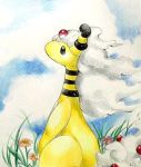  bad_id bad_pixiv_id black_eyes blue_sky closed_mouth cloud cloudy_sky colored_pencil_(medium) creature day flower grass looking_away marker_(medium) mega_ampharos mega_pokemon no_humans outdoors pokemon pokemon_(creature) sky solo soma_somari standing traditional_media white_hair 