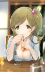  amekosame badge bangs blurry blush bra_strap breasts brown_hair button_badge casual cleavage cup depth_of_field drink drinking drinking_glass drinking_straw eyebrows_visible_through_hair fang_out green_eyes hair_bobbles hair_ornament half-closed_eyes holding holding_cup indoors inuyama_aoi large_breasts looking_at_viewer pov_across_table seductive_smile short_sleeves side_ponytail sidelocks smile solo sweater swept_bangs table thick_eyebrows upper_body yurucamp 