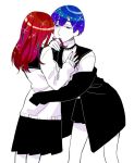  androgynous bangs blue_eyes blue_hair blunt_bangs choker face-to-face hair_kiss houseki_no_kuni long_hair looking_at_another multiple_others off_shoulder phosphophyllite phosphophyllite_(ll) red_hair sailor_collar school_uniform shinsha_(houseki_no_kuni) short_hair skirt sleeves_past_wrists sparkle spoilers sweater usako_(arisusagi) white_background 