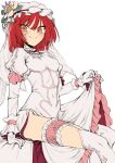  blush breasts copyright_request covered_navel dress flower garters geppewi gloves hat looking_at_viewer mob_cap orange_eyes red_hair scar short_hair side_slit sitting skirt_hold smile solo thighhighs transparent_background veil white_gloves white_legwear 