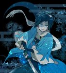  bad_id bad_pixiv_id black_background blue blue_eyes blue_gloves blue_hair bow crescent fingerless_gloves gloves hair_bow japanese_clothes long_sleeves looking_at_viewer male_focus noeru_(putty) open_mouth scarf smile solo touken_ranbu white_bow white_scarf yamato-no-kami_yasusada 