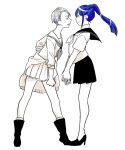  alternate_costume androgynous blue_hair boots cairngorm_(houseki_no_kuni) clothes_around_waist contemporary face-to-face full_body grey_hair houseki_no_kuni lapis_lazuli_(houseki_no_kuni) leaning_forward long_hair looking_at_another multiple_others phosphophyllite phosphophyllite_(ll) ponytail sailor_collar school_uniform short_hair silver_hair skirt sleeves_rolled_up smile spoilers sweater_around_waist usako_(arisusagi) white_background 