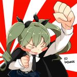  anchovy anzio_school_uniform bangs barashiya belt black_belt black_cape black_neckwear black_ribbon black_skirt blush_stickers cape closed_eyes dress_shirt drill_hair fist_pump foreshortening girls_und_panzer green_hair hair_ribbon long_hair long_sleeves miniskirt necktie open_mouth pleated_skirt raised_fist ribbon rising_sun school_uniform shirt skirt smile standing sunburst twin_drills twintails twitter_username upper_body v-shaped_eyebrows white_shirt wing_collar 