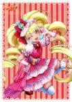  absurdres aisaki_emiru bangs blue_scrunchie blunt_bangs blush bow bowtie cure_macherie dress drill_hair earrings framed_image frilled_dress frills gloves hair_bow hair_ornament hair_scrunchie hand_on_hip highres hugtto!_precure jewelry kawamura_toshie kneeling lipstick logo looking_at_viewer magical_girl makeup multicolored_footwear official_art one_eye_closed open_mouth pink_footwear pink_gloves pink_ribbon pink_scrunchie platform_footwear platform_heels precure puffy_short_sleeves puffy_sleeves purple_bow red_background red_bow red_dress red_eyes red_footwear red_lipstick red_neckwear ribbon ribbon-trimmed_legwear ribbon_trim scrunchie short_sleeves smile solo striped striped_background thighhighs twin_drills vertical-striped_background vertical_stripes white_legwear zettai_ryouiki 