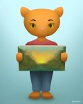  2018 3_fingers absurd_res anthro barefoot blue_background brown_eyes cat clothing digital_media_(artwork) feline female freckles front_view fur hi_res holding_object jeans looking_at_viewer mammal orange_fur painting pants pink_nose shirt signature simple_background soison solo standing yellow_sclera 