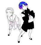  alternate_costume androgynous bangs blue_eyes blue_hair blunt_bangs cairngorm_(houseki_no_kuni) contemporary full_body grey_eyes grey_hair houseki_no_kuni multiple_others off_shoulder phosphophyllite phosphophyllite_(ll) sailor_collar school_uniform short_hair silver_eyes silver_hair skirt smile sparkle spoilers sweater usako_(arisusagi) white_background 