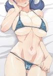  bed_sheet bikini blue_bikini blue_hair blush breasts cameltoe cleavage collarbone covered_nipples cowboy_shot groin gym_leader hand_on_own_face head_out_of_frame hirokanekure large_breasts licking_lips lying natsume_(pokemon) navel on_back panties panty_pull pokemon pokemon_(game) pokemon_hgss skindentation smile stomach string_bikini swimsuit tongue tongue_out underboob underwear 