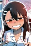  artist_name black_hair blush brown_eyes dark_skin dress_shirt ear_clip ear_piercing eyebrows_visible_through_hair grin hair_ornament hairclip hands_on_another's_chest hatching_(texture) highres ijiranaide_nagatoro-san long_hair looking_at_viewer nagatoro nail_polish non-web_source nose_blush out_of_frame piercing poster_(object) pov red_nails rubbing school_uniform shiromanta shirt smile solo_focus sweatdrop wing_collar 