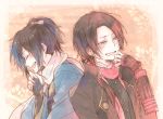  back-to-back bad_id bad_pixiv_id black_gloves black_hair black_jacket blue_jacket blush bow brown_background closed_eyes fingerless_gloves gloves hair_bow jacket kashuu_kiyomitsu male_focus multiple_boys noeru_(putty) open_mouth red_eyes scarf sideways_mouth smile touken_ranbu white_scarf yamato-no-kami_yasusada 