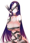  bangs black_ribbon blush breasts commentary_request cosplay eyepatch fate/grand_order fate_(series) fishnets highres hitotose_rin kunai large_breasts long_hair looking_at_viewer minamoto_no_raikou_(fate/grand_order) mochizuki_chiyome_(fate/grand_order) mochizuki_chiyome_(fate/grand_order)_(cosplay) parted_bangs purple_eyes purple_hair ribbon simple_background sitting smile solo very_long_hair weapon white_background 