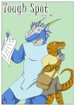  2015 3_fingers 5_fingers angry anthro biped blue_skin blue_topwear blush border brown_skin brown_stripes claws clothed clothing comic cover curved_horn digital_media_(artwork) dinosaur dragon duo ear_frills english_text eye_contact frill front_view green_background grey_bottomwear grin holding_object horn hospital_gown kaibo_coldwind larger_anthro larger_male looking_at_another male male/male marvin_raptor nx-3000 open_mouth raptor ridged_horn scales scalie sharp_teeth shirt shorts shoulder_bag shoulder_grab simple_background size_difference skirt smaller_anthro smaller_male smile striped_body stripes teeth text theropod western_dragon white_border white_bottomwear white_horn white_scales white_skin white_topwear yellow_eyes 