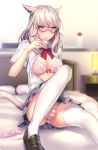  animal_ears aruma_jiki bed blurry blurry_background blush bow bra breasts cat_ears cat_tail condom_packet_strip condom_wrapper final_fantasy final_fantasy_xiv glasses indoors large_breasts loafers long_hair looking_at_viewer miqo'te open_clothes open_shirt panties pantyshot pantyshot_(sitting) pleated_skirt semi-rimless_eyewear shoes silver_eyes silver_hair sitting skirt smile solo striped striped_panties tail thighhighs underwear 
