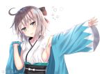  ahoge bangs black_bow blush bow breasts collarbone commentary_request dressing eyebrows_visible_through_hair fate/grand_order fate_(series) hair_between_eyes hair_bow hakuda_tofu haori head_tilt japanese_clothes kimono koha-ace long_sleeves obi okita_souji_(fate) okita_souji_(fate)_(all) outstretched_arm sash short_kimono sideboob silver_hair simple_background sleepy sleeveless sleeveless_kimono sleeves_past_wrists solo white_background white_kimono wide_sleeves yellow_eyes 