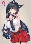  ? agano_(kantai_collection) anchor_symbol animal_ears arm_behind_back bangs belt black_belt black_hair black_neckwear black_sailor_collar blue_eyes blush breasts cat_ears cleavage collarbone commentary cowboy_shot eyebrows_visible_through_hair fang fish food_in_mouth furrowed_eyebrows garter_straps gloves grey_background hair_between_eyes hand_on_own_chest hand_up head_tilt highres kantai_collection kemonomimi_mode large_breasts leaning_forward long_hair looking_at_viewer midriff miniskirt mouth_hold navel necktie oonaka_ito pleated_skirt red_skirt sailor_collar shiny shiny_hair sidelocks simple_background skirt sleeveless smile solo standing straight_hair very_long_hair white_gloves 