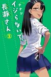  774_(nanashi) :p artist_name black_hair blue_skirt blush brown_eyes contrapposto copyright_name cover cover_page cowboy_shot ear_piercing fang_out fingernails green_background hair_ornament hairclip ijiranaide_nagatoro-san long_hair looking_at_viewer looking_back manga_cover nagatoro nail_polish official_art piercing pleated_skirt red_nails shirt skirt sleeves_pushed_up smile solo standing tongue tongue_out w white_shirt 