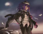  alice_(bzone4) arm_at_side bang_dream! black_gloves black_hat black_neckwear car collared_shirt commentary english_commentary formal gangster gloves ground_vehicle hair_between_eyes hand_in_pocket hat highres jacket_on_shoulders jaguar_(car) looking_at_viewer mafia moon motor_vehicle necktie outdoors overcast parted_lips pinstripe_pattern ponytail purple_hair red_eyes seta_kaoru shirt sidelocks solo striped suit untucked_shirt white_shirt wind 