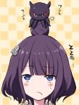  alternate_costume alternate_hairstyle bad_id bad_pixiv_id bangs blue_eyes blush_stickers casual checkered checkered_background closed_mouth contemporary engiyoshi eyebrows_visible_through_hair fate/grand_order fate_(series) hair_bun hair_ornament highres katsushika_hokusai_(fate/grand_order) looking_away looking_up octopus purple_hair short_hair solo sweat tokitarou_(fate/grand_order) translation_request 