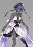  bare_shoulders bracelet cosplay dark_skin dress euryale euryale_(cosplay) fate/grand_order fate/hollow_ataraxia fate/prototype fate/prototype:_fragments_of_blue_and_silver fate_(series) flat_chest flying_sweatdrops grey_background hairband hassan_of_serenity_(fate) ifuji_shinsen jewelry lolita_hairband necklace purple_hair short_hair simple_background sleeveless sleeveless_dress solo white_dress 