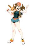  ayumi_(pokemon) breasts brown_eyes brown_hair eevee full_body genzoman knees legs poke_ball pokemon pokemon_(game) pokemon_lgpe ponytail shoes simple_background smile tied_hair white_background 