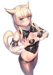  animal_ears aqua_eyes aruma_jiki blonde_hair blush bow breasts bustier cat_ears cat_tail detached_sleeves eyebrows_visible_through_hair final_fantasy final_fantasy_xiv from_above heart heart-shaped_pupils long_hair looking_at_viewer looking_up medium_breasts midriff miqo'te pantyhose smile solo symbol-shaped_pupils tail white_background wrist_cuffs 