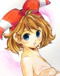  bad_id bad_pixiv_id blue_eyes body_blush breasts colored_pencil_(medium) convenient_arm covering covering_breasts earrings from_side hair_ribbon haruka_(pokemon) jewelry large_breasts light_brown_hair looking_at_viewer looking_to_the_side marker_(medium) medium_hair nude open_mouth pokemon pokemon_(game) pokemon_oras red_ribbon ribbon solo soma_somari traditional_media upper_body 