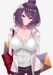  alternate_costume alternate_hairstyle bag bangs breasts casual cleavage collarbone commentary_request contemporary eyebrows_visible_through_hair fate/grand_order fate_(series) flower hair_between_eyes hair_bun hair_flower hair_ornament highres hood hoodie jacket katsushika_hokusai_(fate/grand_order) large_breasts looking_at_viewer open_clothes open_jacket purple_eyes purple_hair sankakusui shirt shoulder_bag simple_background smile solo white_background white_jacket white_shirt 
