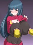  1girl areolae bellsprout blue_hair blush bodystocking breast_sucking breasts covered_navel erect_nipples gym_leader huge_breasts lactation large_areolae natsume_(pokemon) pokemon pokemon_rgby red_eyes shirt_lift upper_body 