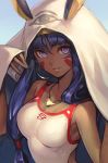  animal_ears bangs bare_shoulders blanket blunt_bangs breasts collarbone dark_skin earrings facepaint facial_mark fate/grand_order fate_(series) hair_between_eyes hair_tubes hairband hankuri hoop_earrings jackal_ears jewelry long_hair looking_at_viewer medium_breasts necklace nitocris_(fate/grand_order) nitocris_(swimsuit_assassin)_(fate) one-piece_swimsuit purple_eyes purple_hair sidelocks simple_background smile solo swimsuit very_long_hair white_swimsuit 