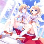  1girl alternate_color belt blonde_hair blue_eyes blue_sky blush bow brother_and_sister buttons cloud commentary_request crossed_legs day dutch_angle hair_bow hair_ornament hair_tucking hairclip handrail headphones headset high_heels highres kagamine_len kagamine_rin kashiwabara_en looking_at_viewer miniskirt moon orange_neckwear orange_skirt pale_skin parted_lips pleated_skirt sailor_collar shirt shorts siblings sitting skirt sky socks treble_clef twins vocaloid white_shirt white_shorts wrist_cuffs 