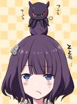  alternate_costume alternate_hairstyle bad_id bad_pixiv_id bangs blue_eyes blush_stickers casual checkered checkered_background closed_mouth commentary_request contemporary engiyoshi eyebrows_visible_through_hair fate/grand_order fate_(series) hair_bun hair_ornament highres katsushika_hokusai_(fate/grand_order) looking_away looking_up octopus purple_hair revision short_hair solo sweat tokitarou_(fate/grand_order) translation_request 