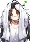  :o ? antenna_hair arms_up bandaid bandaid_on_face bandaid_on_nose bangs black_hair blush c-ms_(girls_frontline) collar collarbone commentary_request eyebrows_visible_through_hair girls_frontline hair_ornament hairclip long_hair looking_at_viewer loose_clothes loose_shirt luse_maonang messy_hair off-shoulder_shirt off_shoulder parted_bangs parted_lips red_eyes shirt simple_background solo white_background younger 