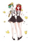  ahoge androgynous bug butterfly closed_eyes eyes_visible_through_hair flower full_body gem_uniform_(houseki_no_kuni) golden_arms green_hair hair_over_one_eye hand_on_another's_hip head_wreath high_heels highres holding_hands houseki_no_kuni insect multiple_others necktie phosphophyllite pin_(velika) red_eyes red_hair shinsha_(houseki_no_kuni) short_hair smile sparkle spoilers suspenders white_background 