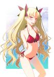  arms_behind_back bangs bikini blonde_hair blush breasts commentary_request cosplay earrings ereshkigal_(fate/grand_order) fate/grand_order fate_(series) highres hitotose_rin jewelry looking_at_viewer medium_breasts mordred_(fate)_(all) mordred_(swimsuit_rider)_(fate) mordred_(swimsuit_rider)_(fate)_(cosplay) parted_bangs red_bikini red_ribbon ribbon solo string_bikini swimsuit two_side_up 