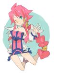  1girl aqua_eyes bare_shoulders braid breasts bright_pupils cleavage disgaea female frills long_hair looking_at_viewer makai_senki_disgaea_4 medium_breasts one_eye_closed pink_hair sidelocks smile solo vulcanus_(disgaea_4) wings wrist_cuffs 