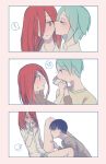  2girls ? alternate_costume bangs blue_hair blunt_bangs blush cheek_kiss contemporary green_eyes green_hair hair_over_eyes hair_over_one_eye hand_kiss houseki_no_kuni humanization kiss multiple_girls phosphophyllite phosphophyllite_(ll) pin_(velika) red_eyes red_hair shinsha_(houseki_no_kuni) short_hair spoilers spoken_exclamation_mark spoken_question_mark thigh_kiss yuri 