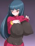  1girl areolae blue_hair blush bodystocking breasts covered_navel erect_nipples gym_leader huge_breasts large_areolae natsume_(pokemon) pokemon pokemon_rgby red_eyes shirt_lift upper_body 