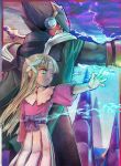 1girl back-to-back bangs black_cape blunt_bangs bow brother_and_sister brown_hair butterfly_hair_ornament cape colonel_(rockman_exe) green_eyes hair_ornament height_difference iris_(rockman_exe) ktynkd long_hair long_skirt looking_to_the_side netnavi outstretched_arms rockman rockman_exe rockman_exe_6 serious shoulder_pads siblings sidelocks skirt 