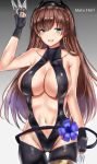  alternate_costume bangs bare_shoulders black_gloves black_legwear black_leotard blue_eyes blush breasts brown_hair center_opening character_name cleavage collarbone commentary_request cosplay covered_nipples earrings eyebrows_visible_through_hair farys_(afopahqfw) fate/grand_order fate/prototype fate/prototype:_fragments_of_blue_and_silver fate_(series) fingerless_gloves flower gloves gradient gradient_background hairband hassan_of_serenity_(fate) hassan_of_serenity_(fate)_(cosplay) highres hips holding holding_knife hoop_earrings jewelry knife knives_between_fingers large_breasts leotard long_hair looking_at_viewer mata_hari_(fate/grand_order) navel open_mouth smile solo thighs throwing_knife weapon 