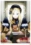  abigail_williams_(fate/grand_order) absurdres bangs black_bow black_dress black_hat blonde_hair blue_eyes blush bow cake chair cheesecake day dress eyebrows_visible_through_hair fate/grand_order fate_(series) food forehead fork fruit hair_bow hands_up hat highres holding holding_fork holding_knife indoors knife long_hair long_sleeves mini_hat on_chair orange_bow pancake parted_bangs parted_lips polka_dot polka_dot_bow popuru sitting sleeves_past_fingers sleeves_past_wrists slice_of_cake solo sparkle stack_of_pancakes steak strawberry stuffed_animal stuffed_toy sunlight table teddy_bear very_long_hair window 