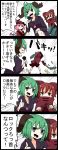  4koma afterimage ahoge alternate_costume animal_ears arm_around_shoulder bangs bird_wings black_dress black_skirt bow bowtie cape choujuu_gigaku comic commentary covered_mouth destruction dress emphasis_lines empty_eyes flower from_behind from_side green_eyes green_hair guitar hair_between_eyes hand_on_another's_shoulder hat highres instrument jetto_komusou kasodani_kyouko looking_at_viewer microphone motion_lines multiple_girls mystia_lorelei one_knee open_mouth pink_eyes pink_flower pink_hair pink_rose pun red_eyes red_hair rose sekibanki short_hair shouting skirt smirk speech_bubble thumbs_up touhou translated upper_body white_legwear wings 