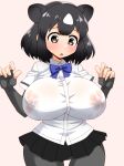  animal_ears bangs bear_ears bear_girl bike_shorts black_hair black_skirt blue_neckwear blush bob_cut bow bowtie breasts brown_bear_(kemono_friends) brown_eyes collared_shirt commentary_request covered_nipples cowboy_shot curvy elbow_gloves embarrassed eyelashes fingerless_gloves fingernails furrowed_eyebrows gloves grey_gloves grey_shorts hands_up highres huge_breasts impossible_clothes impossible_shirt kemono_friends lactation lactation_through_clothes looking_down microskirt multicolored_hair no_bra open_mouth parted_bangs pink_background pleated_skirt r44 see-through shiny shiny_hair shirt short_hair short_sleeves shorts shorts_under_skirt simple_background sketch skirt solo standing surprised_arms sweatdrop tareme taut_clothes taut_shirt thigh_gap triangle_mouth two-tone_hair wet wet_clothes white_hair white_shirt wide_hips wing_collar 