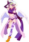  :3 ahoge angel_wings azriel_(no_game_no_life) blue_eyes breasts cross facial_tattoo feathered_wings fuchima full_body gloves gradient_hair green_hair halo heterochromia highres horn long_hair low_wings magic_circle medium_breasts midriff mismatched_legwear multicolored_hair navel no_game_no_life official_style open_mouth scarf sideboob smile solo symbol-shaped_pupils tattoo transparent_background white_wings wing_ears wings yellow_eyes 