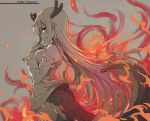  :q bare_shoulders breasts closed_mouth commentary copyright_name cowboy_shot dragon_girl dragon_horns dragon_tail english_commentary eyebrows_visible_through_hair fire from_side grey_background highres horns kobayashi-san_chi_no_maidragon long_hair long_sleeves looking_at_viewer looking_to_the_side medium_breasts no_pants off_shoulder orange_eyes scales shirt sidelocks simple_background smile solo standing tail tonee tongue tongue_out tooru_(maidragon) very_long_hair 