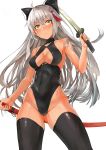  absurdres ahoge ass_visible_through_thighs bare_arms bare_shoulders black_legwear bow breasts cleavage closed_mouth contrapposto covered_navel cowboy_shot dark_skin eyebrows_visible_through_hair fate/grand_order fate_(series) from_below hair_bow hair_ornament halter_top halterneck highres katana leotard long_hair medium_breasts okita_souji_(alter)_(fate) okita_souji_(fate)_(all) sheath silver_hair simple_background solo standing sweatdrop sword tani_wataru thighhighs thighs turtleneck very_long_hair weapon white_background yellow_eyes 