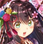 :d bangs blue_flower blurry blurry_foreground blush brown_hair cherry_blossoms commentary_request depth_of_field eating flower green_eyes gurande_(g-size) hair_flower hair_ornament hand_up highres holding long_hair looking_at_viewer multicolored multicolored_eyes open_mouth original outdoors petals pink_flower red_flower smile solo tassel yellow_eyes 
