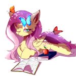  2018 apple arthropod book butterfly chest_tuft cute cutie_mark equine eyelashes feathered_wings feathers female feral fluttershy_(mlp) food friendship_is_magic fruit fur hair heddopen hi_res hooves inner_ear_fluff insect long_hair lying mammal my_little_pony nude one_eye_closed pegasus pink_hair portrait reading shadow simple_background smile solo teal_eyes tuft white_background wings yellow_feathers 