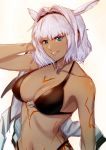  absurdres animal_ears bangs bikini black_bikini blue_eyes breasts caenis_(fate) cleavage collarbone commentary_request dark_skin eyebrows_visible_through_hair fate/grand_order fate_(series) gradient gradient_background grin hair_intakes hairband highleg highleg_bikini highleg_swimsuit highres ice_dacapo jacket jewelry large_breasts necklace smile swimsuit tattoo white_hair white_jacket 