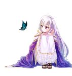  bug butterfly dress fire_emblem fire_emblem:_seisen_no_keifu fire_emblem_heroes insect jewelry lavender_hair long_hair purple_eyes purple_hair sandals simple_background smile solo squatting urr very_long_hair white_dress yuria_(fire_emblem) 