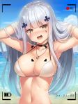 arms_up bikini bikini_top black_choker blue_sky blurry blurry_background blush breasts brown_eyes choker cleavage cloud collarbone commentary day depth_of_field facial_mark girls_frontline hair_ornament hands_in_hair head_tilt highres hk416_(girls_frontline) horizon jewelry large_breasts long_hair looking_at_viewer motokonut navel nose_blush ocean open_mouth outdoors pendant recording ring ring_necklace silver_hair sky solo swimsuit very_long_hair viewfinder water wedding_band white_bikini 